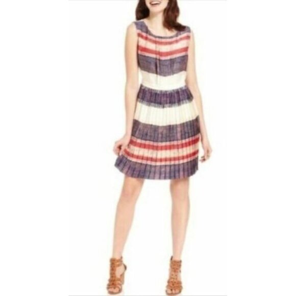 Rachel Roy Womens Size 6 Striped Pleated Sleeveless Dress Pockets - Picture 1 of 5